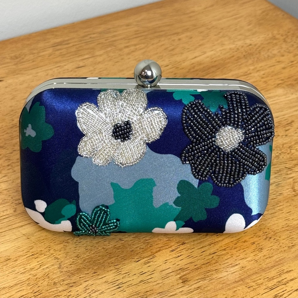 NWT Ann Taylor Factory Beaded Floral Clutch with Chain